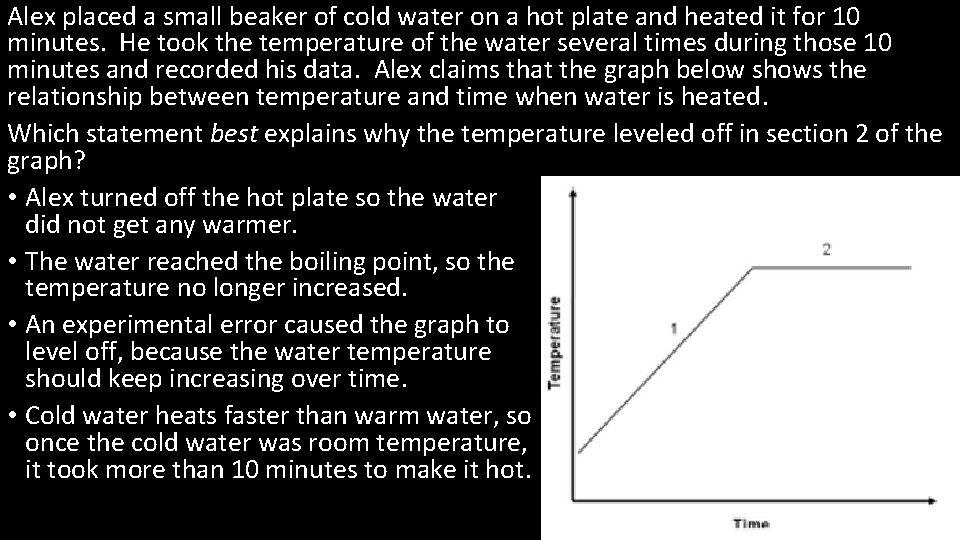 Alex placed a small beaker of cold water on a hot plate and heated