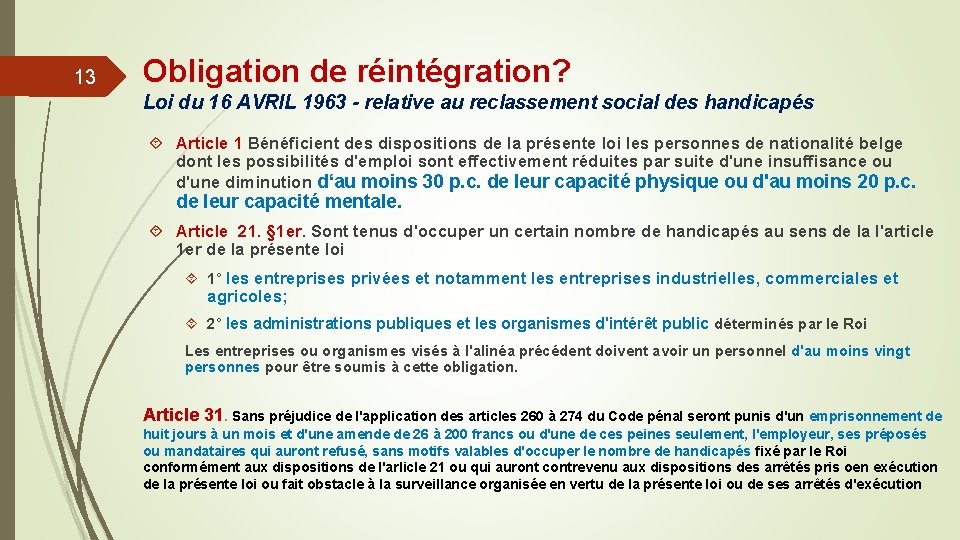 13 Obligation de réintégration? Loi du 16 AVRIL 1963 - relative au reclassement social