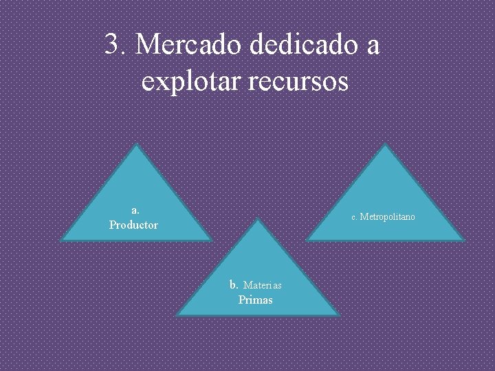 3. Mercado dedicado a explotar recursos a. Productor c. Metropolitano b. Materias Primas 