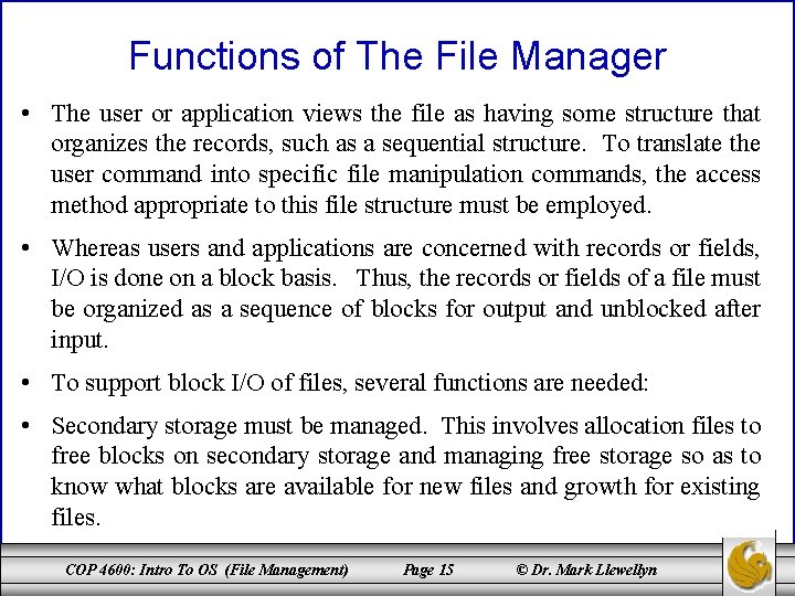 Functions of The File Manager • The user or application views the file as