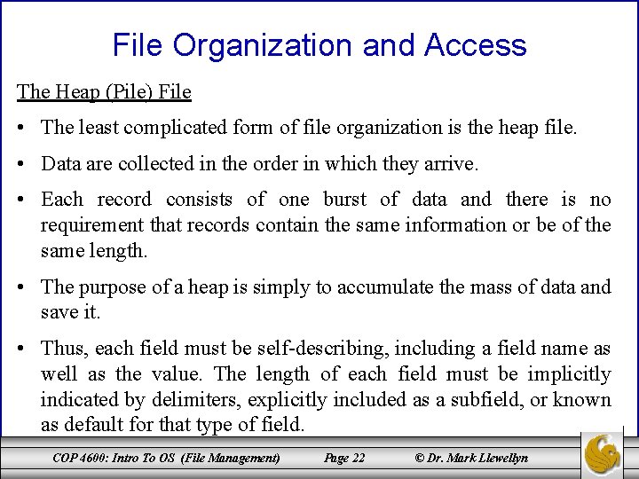 File Organization and Access The Heap (Pile) File • The least complicated form of