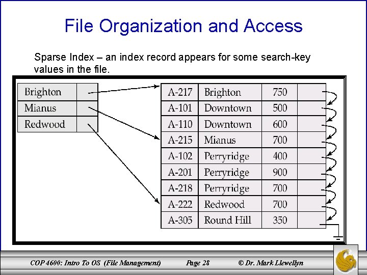 File Organization and Access Sparse Index – an index record appears for some search-key