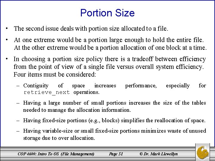 Portion Size • The second issue deals with portion size allocated to a file.