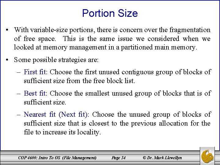 Portion Size • With variable-size portions, there is concern over the fragmentation of free