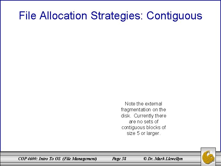 File Allocation Strategies: Contiguous Note the external fragmentation on the disk. Currently there are