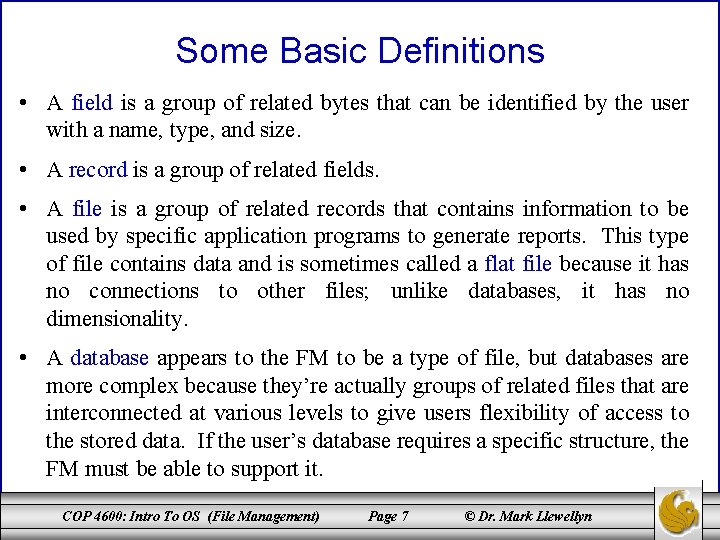 Some Basic Definitions • A field is a group of related bytes that can