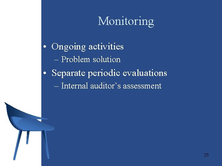 Monitoring • Ongoing activities – Problem solution • Separate periodic evaluations – Internal auditor’s
