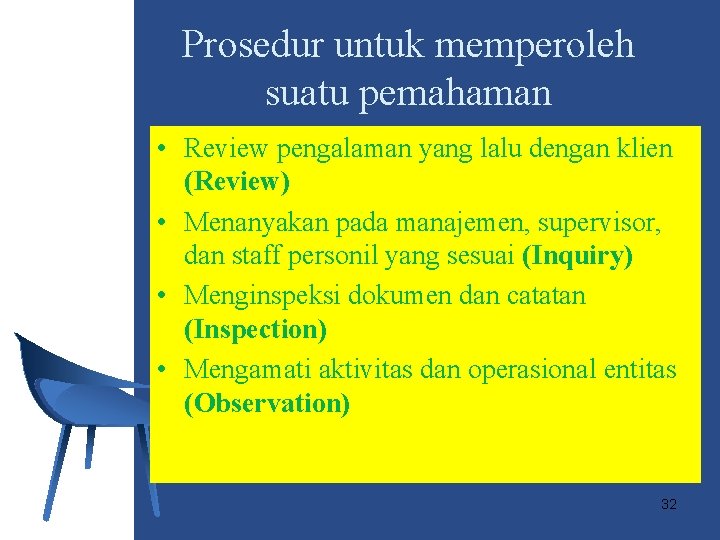 Prosedur untuk memperoleh suatu pemahaman • Review pengalaman yang lalu dengan klien (Review) •