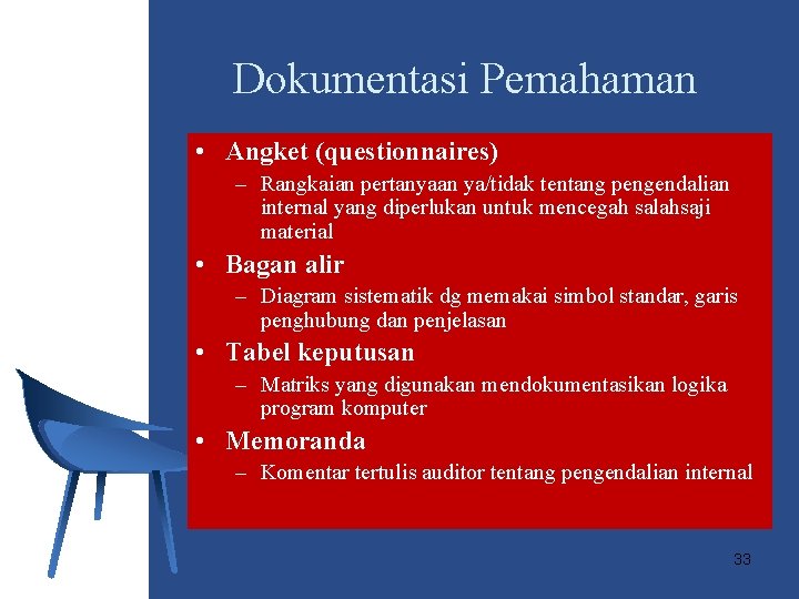 Dokumentasi Pemahaman • Angket (questionnaires) – Rangkaian pertanyaan ya/tidak tentang pengendalian internal yang diperlukan