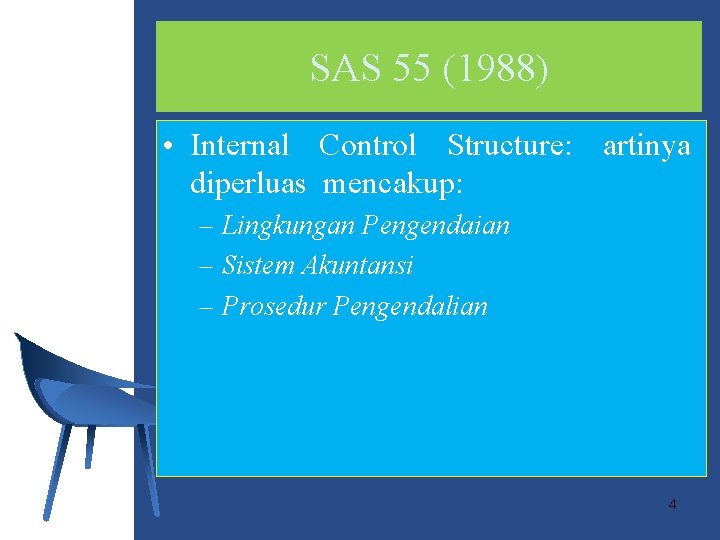 SAS 55 (1988) • Internal Control Structure: artinya diperluas mencakup: – Lingkungan Pengendaian –
