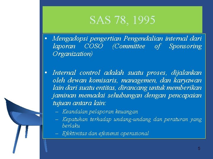 SAS 78, 1995 • Mengadopsi pengertian Pengendalian internal dari laporan COSO (Committee of Sponsoring