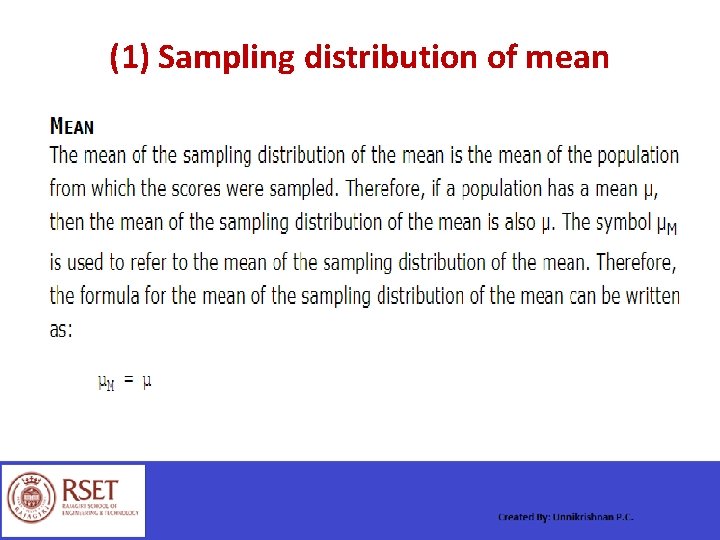 (1) Sampling distribution of mean 