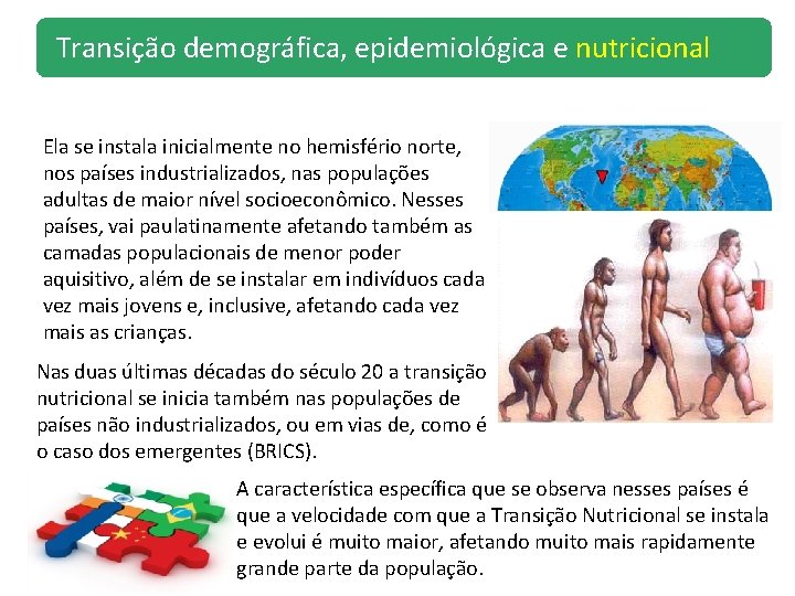 Transição demográfica, epidemiológica e nutricional Ela se instala inicialmente no hemisfério norte, nos países