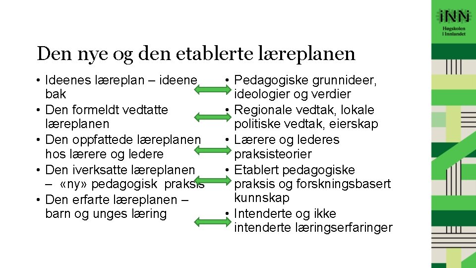 Den nye og den etablerte læreplanen • Ideenes læreplan – ideene bak • Den