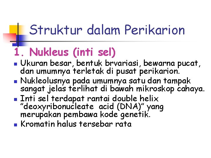 Struktur dalam Perikarion 1. Nukleus (inti sel) n n Ukuran besar, bentuk brvariasi, bewarna