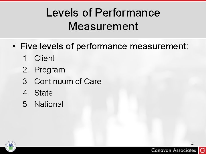 Levels of Performance Measurement • Five levels of performance measurement: 1. 2. 3. 4.