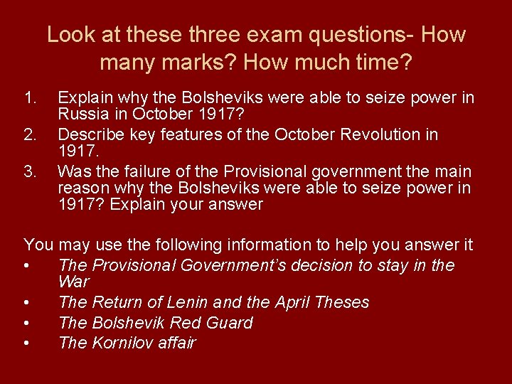 Look at these three exam questions- How many marks? How much time? 1. 2.