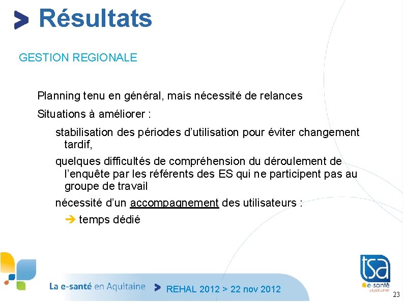 Résultats GESTION REGIONALE Planning tenu en général, mais nécessité de relances Situations à améliorer