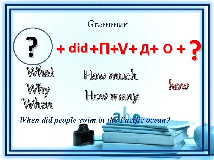 ? What Why When Grammar + did +П+V+ Д+ О + How much How