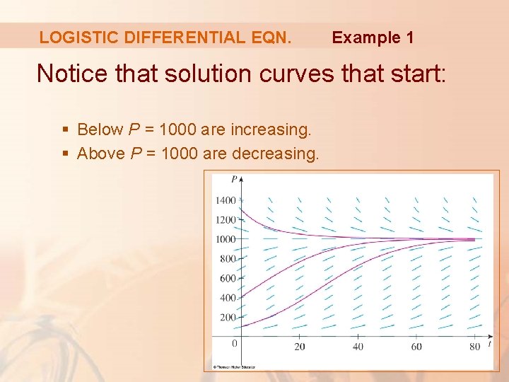 LOGISTIC DIFFERENTIAL EQN. Example 1 Notice that solution curves that start: § Below P