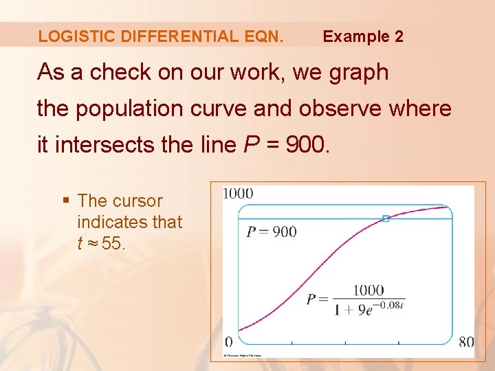 LOGISTIC DIFFERENTIAL EQN. Example 2 As a check on our work, we graph the