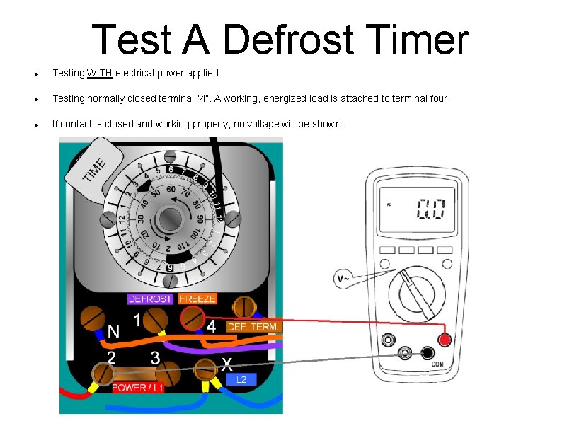 Test A Defrost Timer Testing WITH electrical power applied. Testing normally closed terminal “