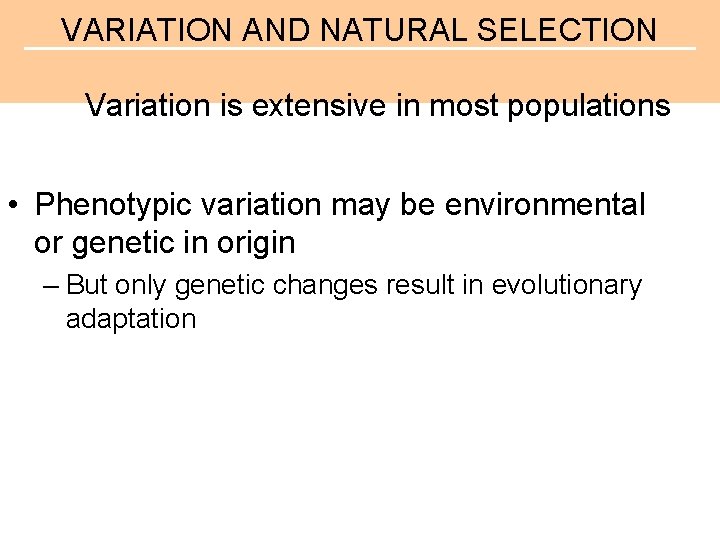 VARIATION AND NATURAL SELECTION Variation is extensive in most populations • Phenotypic variation may