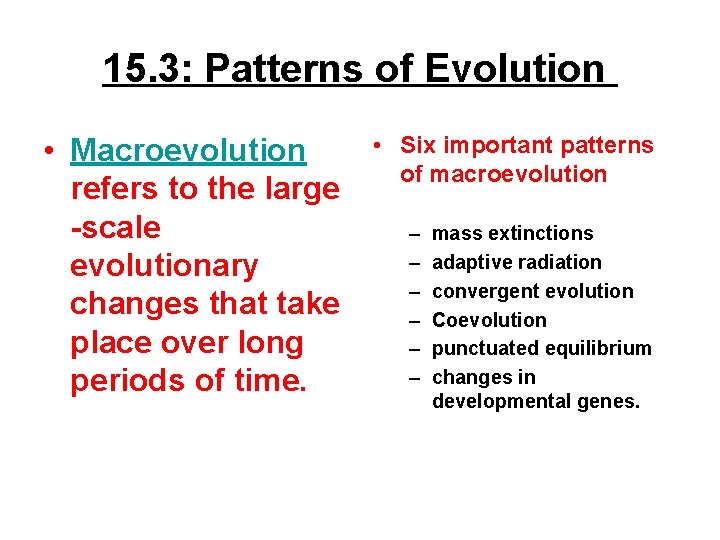 15. 3: Patterns of Evolution • Macroevolution refers to the large -scale evolutionary changes