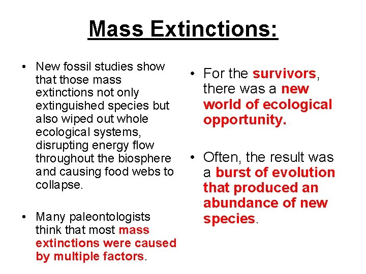 Mass Extinctions: • New fossil studies show that those mass extinctions not only extinguished