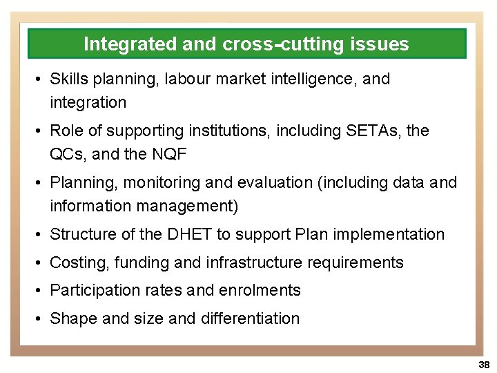 Integrated and cross-cutting issues • Skills planning, labour market intelligence, and integration • Role
