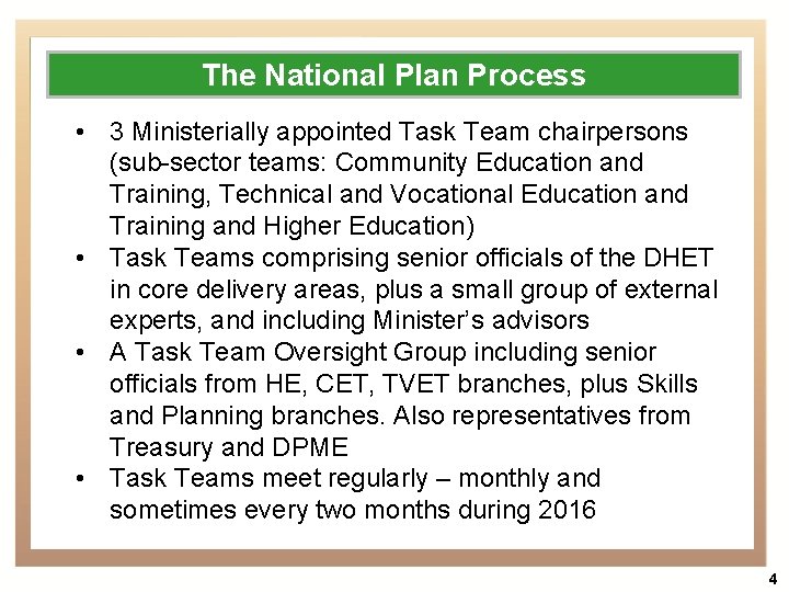 The National Plan Process • 3 Ministerially appointed Task Team chairpersons (sub-sector teams: Community