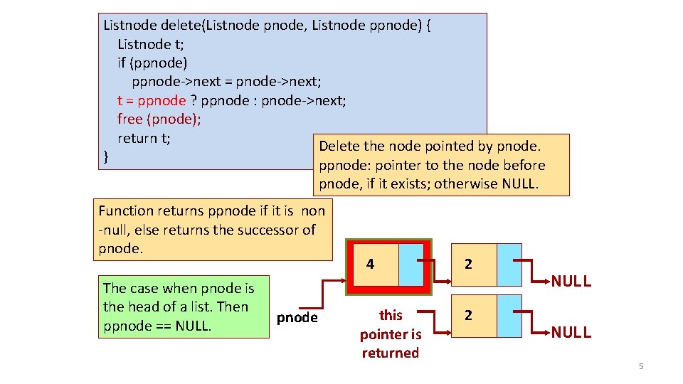 Listnode delete(Listnode pnode, Listnode ppnode) { Listnode t; if (ppnode) ppnode->next = pnode->next; t