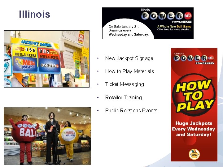 Illinois • New Jackpot Signage • How-to-Play Materials • Ticket Messaging • Retailer Training