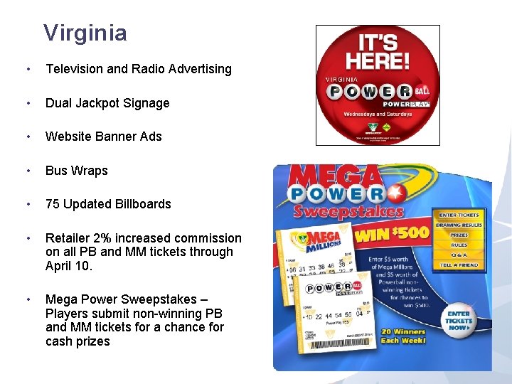 Virginia • Television and Radio Advertising • Dual Jackpot Signage • Website Banner Ads