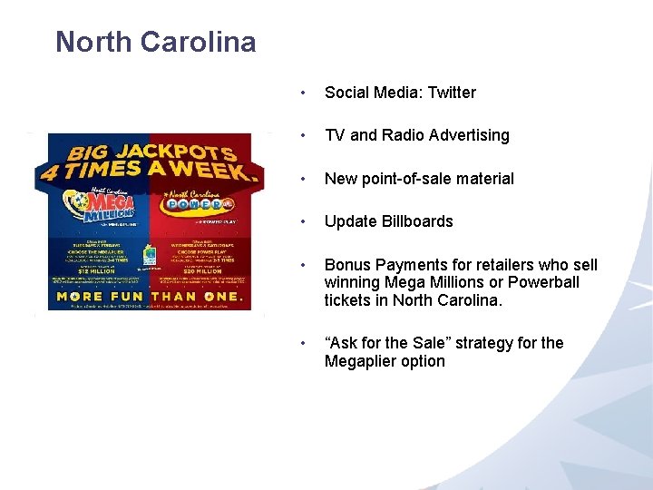 North Carolina • Social Media: Twitter • TV and Radio Advertising • New point-of-sale
