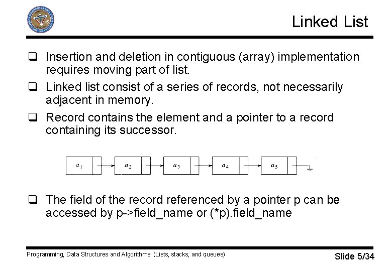 Linked List q Insertion and deletion in contiguous (array) implementation requires moving part of