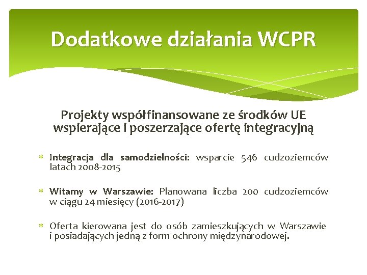 Dodatkowe działania WCPR Projekty współfinansowane ze środków UE wspierające i poszerzające ofertę integracyjną Integracja