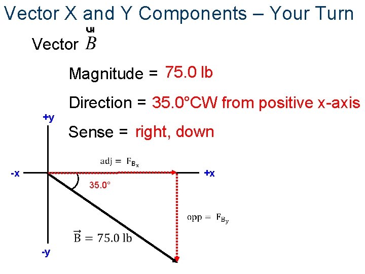 Vector X and Y Components – Your Turn Vector Magnitude = 75. 0 lb