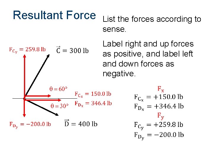 Resultant Force List the forces according to sense. Label right and up forces as