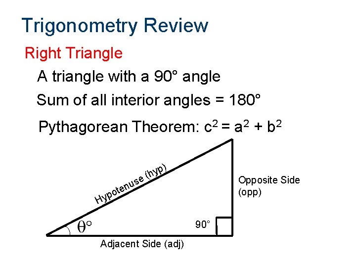 Trigonometry Review Right Triangle A triangle with a 90° angle Sum of all interior