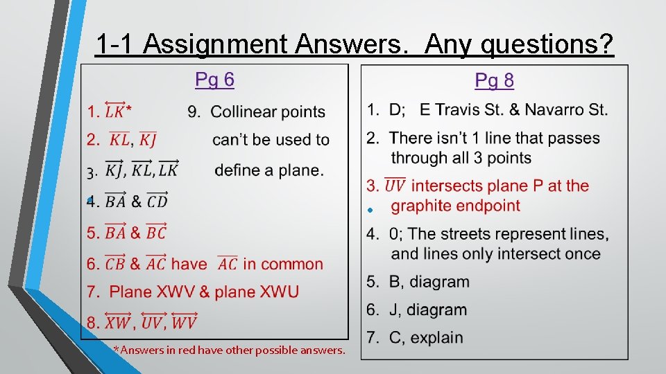 1 -1 Assignment Answers. Any questions? • • *Answers in red have other possible