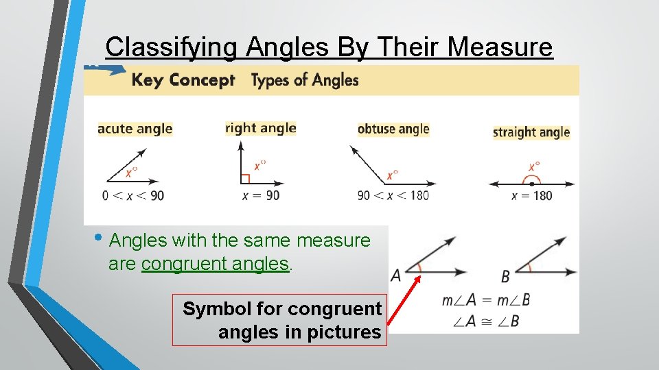 Classifying Angles By Their Measure • Angles with the same measure are congruent angles.