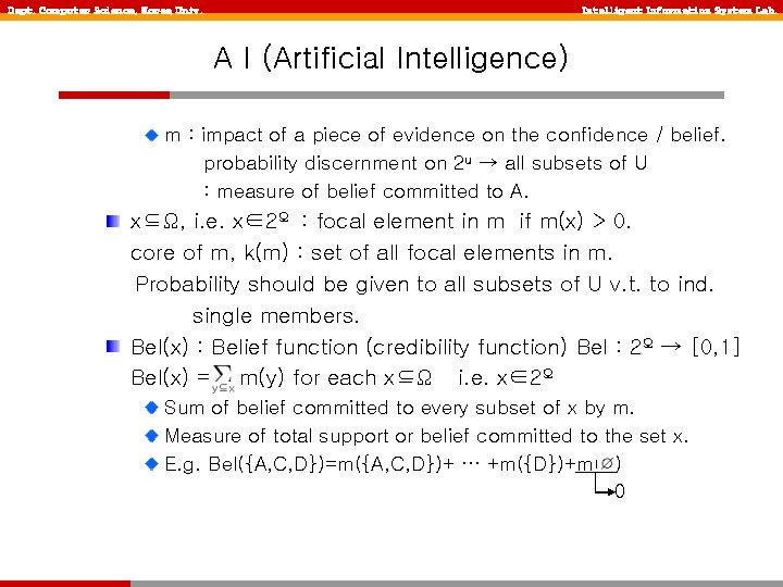 Dept. Computer Science, Korea Univ. Intelligent Information System Lab. A I (Artificial Intelligence) m