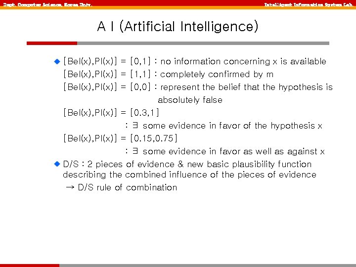 Dept. Computer Science, Korea Univ. Intelligent Information System Lab. A I (Artificial Intelligence) [Bel(x),