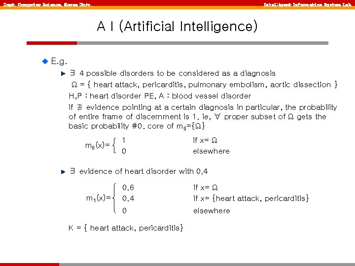 Dept. Computer Science, Korea Univ. Intelligent Information System Lab. A I (Artificial Intelligence) E.