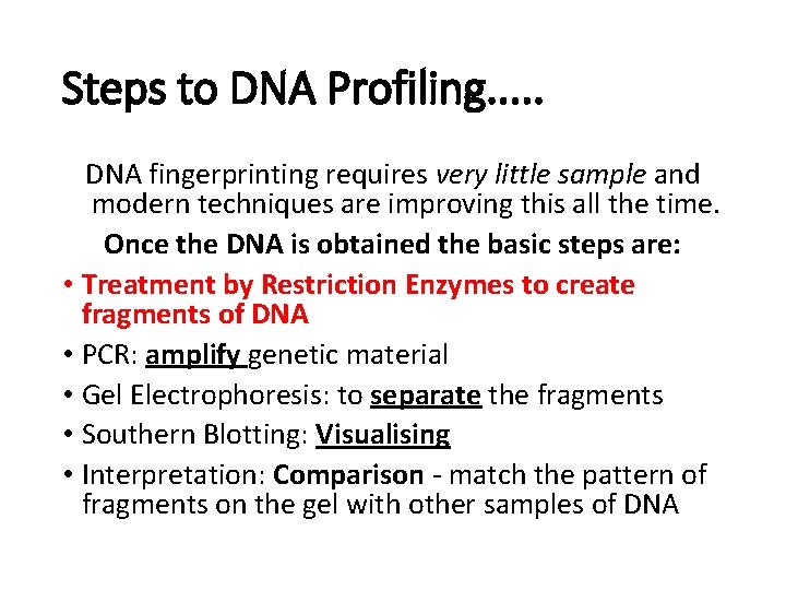Steps to DNA Profiling. . . DNA fingerprinting requires very little sample and modern