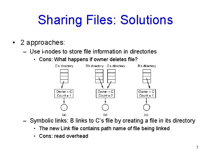 Sharing Files: Solutions • 2 approaches: – Use i-nodes to store file information in