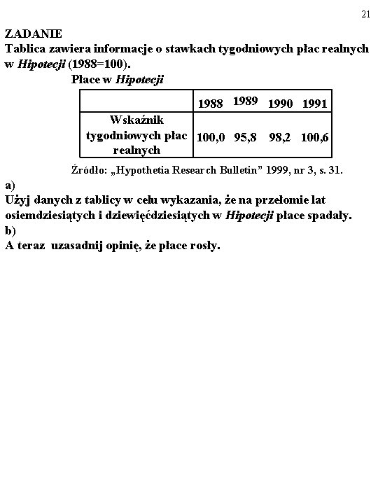 21 ZADANIE Tablica zawiera informacje o stawkach tygodniowych płac realnych w Hipotecji (1988=100). Płace