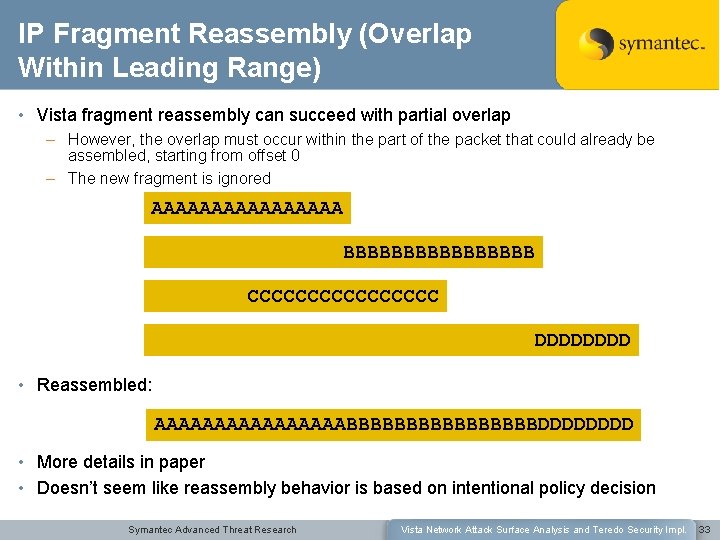 IP Fragment Reassembly (Overlap Within Leading Range) • Vista fragment reassembly can succeed with