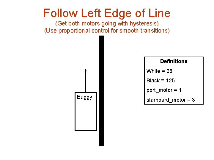 Follow Left Edge of Line (Get both motors going with hysteresis) (Use proportional control